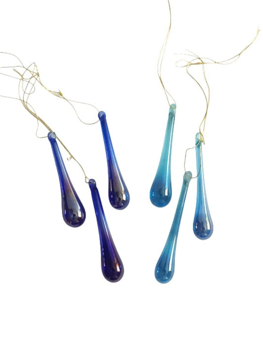VTG Set of 6 Iridescent Glass Teardrop Ornaments Cobalt and Aqua Blue 3"